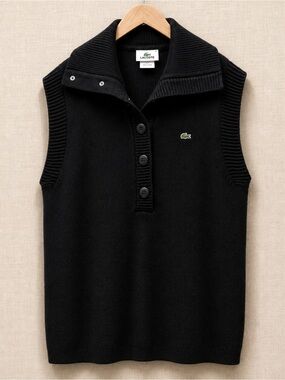 Lacoste Black Cotton Wool Long Sweater Vest Snap V-Neck Tunic Size 46